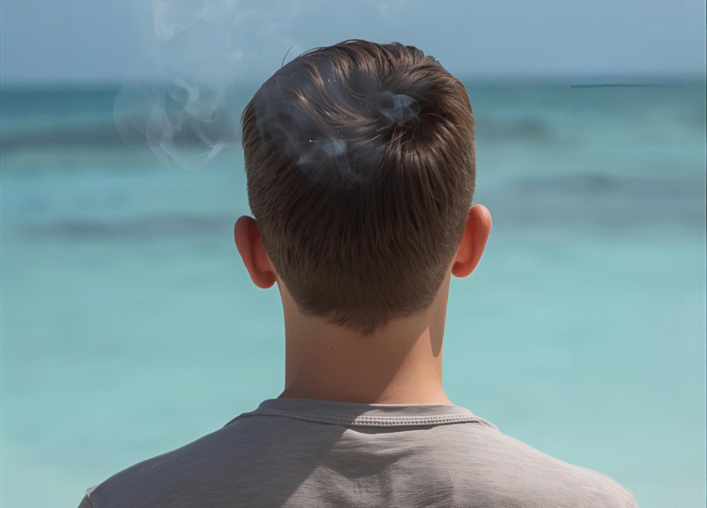 An 18-year-old-European boy smoking on a beach in the Maldives. This photo is generated by AI.