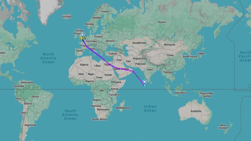 British Airways' route from LHR to MLE